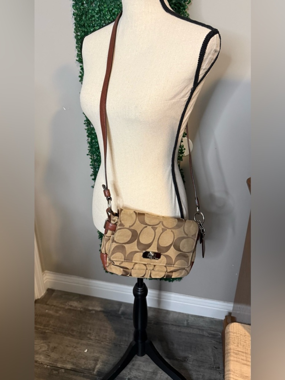 Coach Khaki Signature Canvas Crossbody with Brown Leather Trim